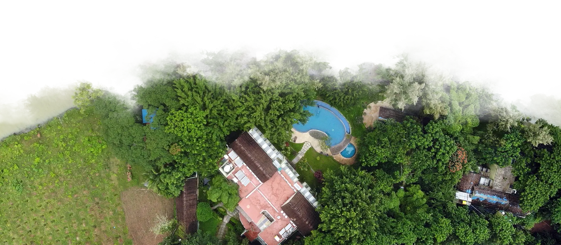 Aerial view of Waterwoods Kabini Lodge surrounded by lush greenery with infinity pool and riverside setting on the banks of the Kabini River