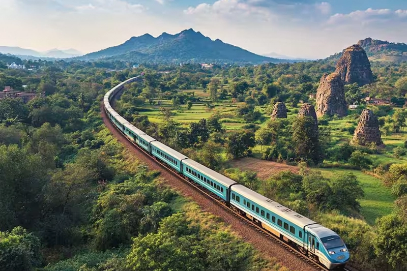 Train passing through scenic countryside en route to Mysore Junction, nearest rail station to Waterwoods Kabini