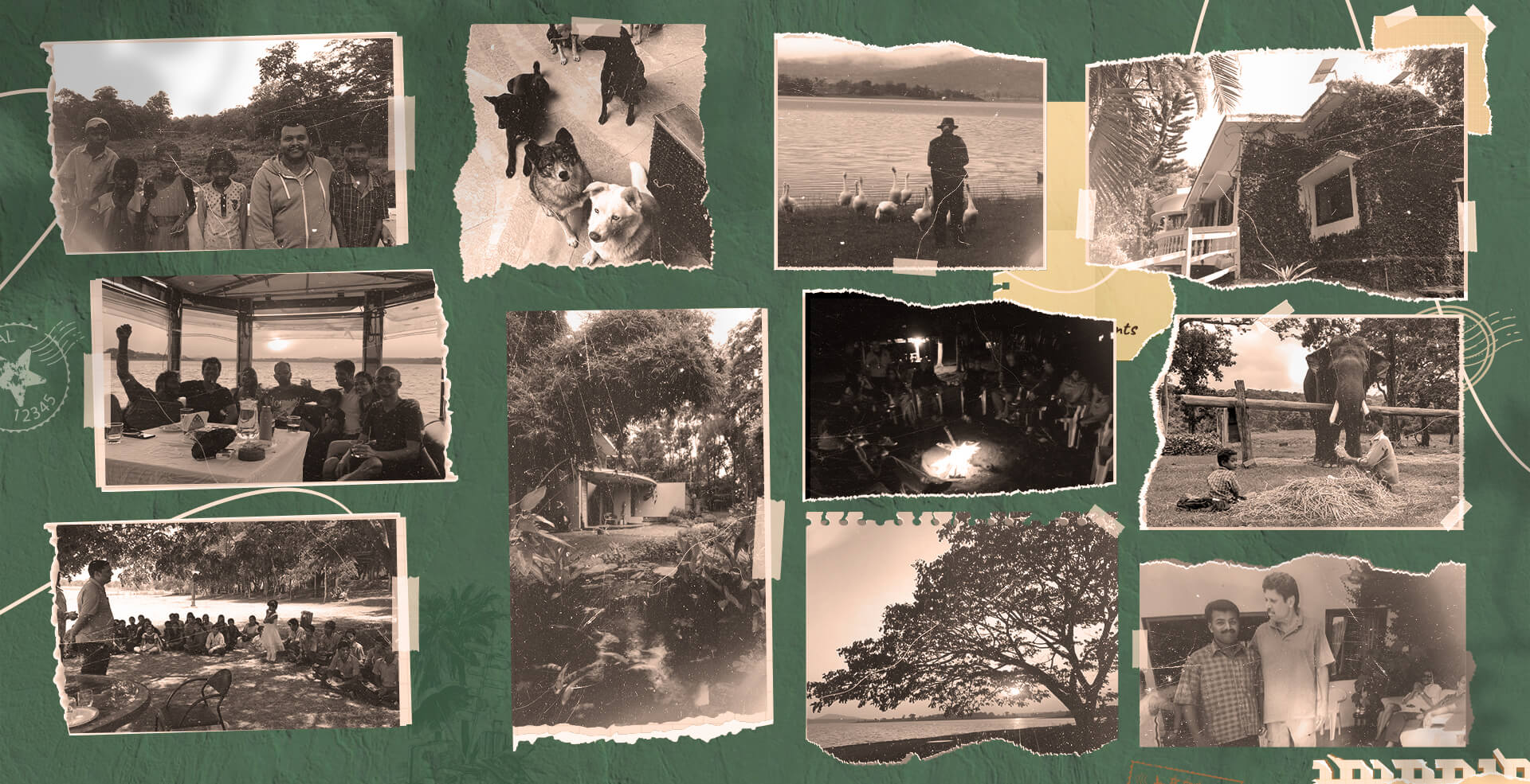 Vintage collage of Waterwoods family moments, wildlife, and Kabini landscapes representing the legacy and origins of the resort