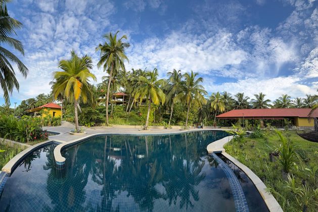Infinity pool at Waterwoods Havelock reflecting the blue sky and coconut trees, surrounded by vibrant greenery.
