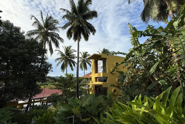Architectural view of Waterwoods Havelock villa nestled among dense green foliage and coconut trees.