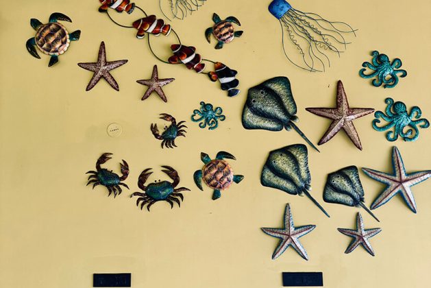 Ocean-themed wall art at Waterwoods Havelock featuring shells, fish, and marine life designs.