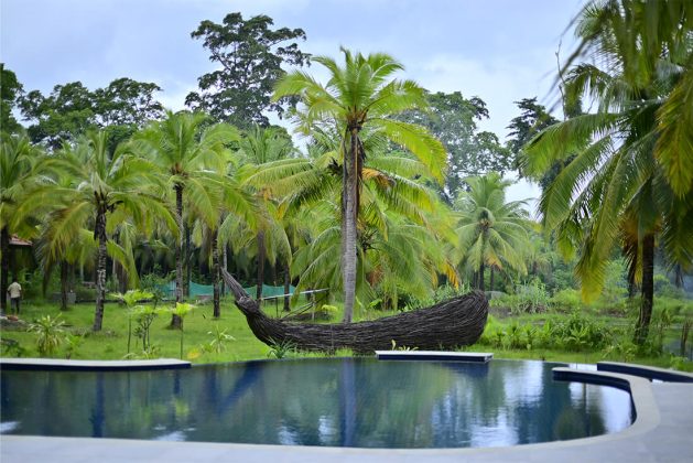 Artistic woven boat sculpture beside the pool at Waterwoods Havelock surrounded by coconut trees.