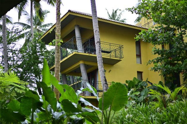 Waterwoods Havelock villa exterior surrounded by tropical plants and coconut trees.